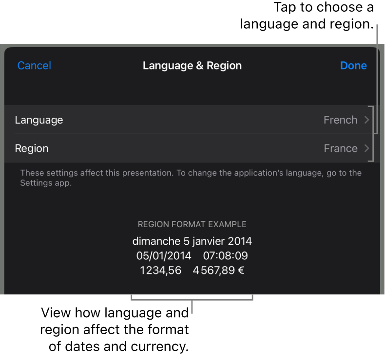 Language and Region pane with controls for language and region, and a format example including date, time, decimal, and currency.