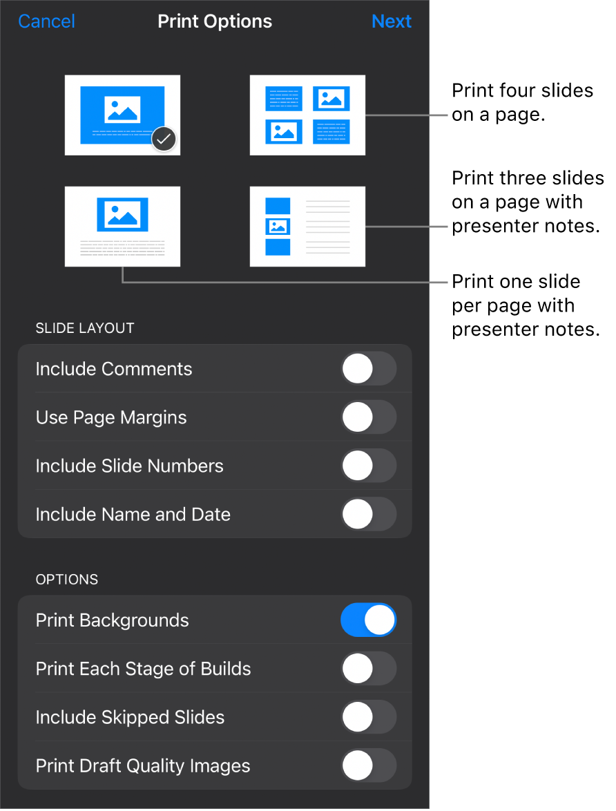 Print layout options.