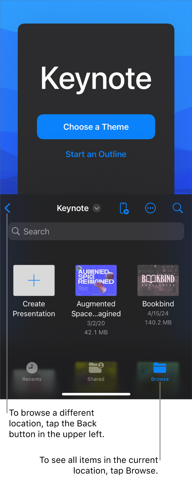 The browse view of the presentation manager with a location link in the top-left corner and below it a Search field. In the top-right corner are the Add, More, and Remote buttons. At the bottom of the screen are the Recents, Shared, and Browse buttons.