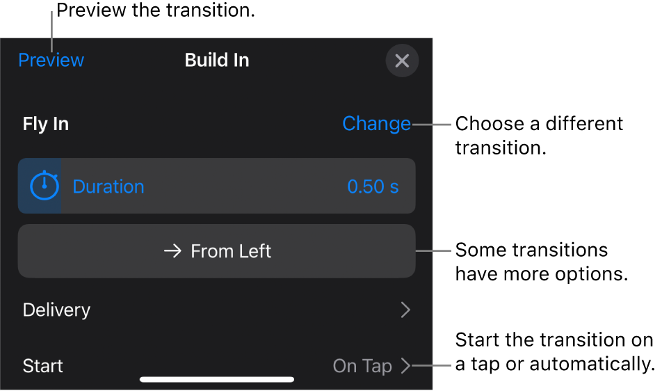 Controls in the Options pane for modifying a transition.