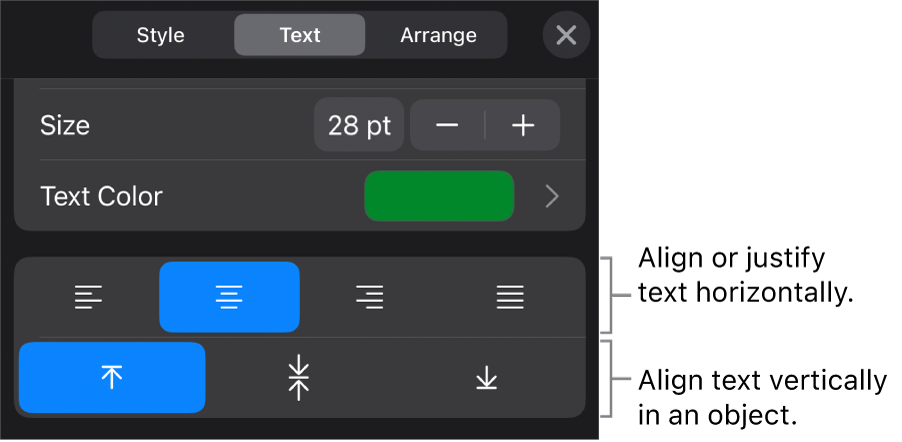 The Alignment section of the Format button with callouts to text alignment buttons.