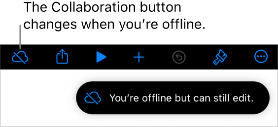 The buttons at the top of the screen, with the Collaboration button changed to a cloud with a diagonal line through it. An alert on the screen says “You’re offline but can still edit.”