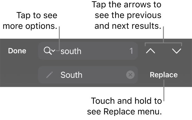 The Find & Replace controls above the keyboard with Replace, Go Up, and Go Down buttons, and an arrow to tap for Search Options.