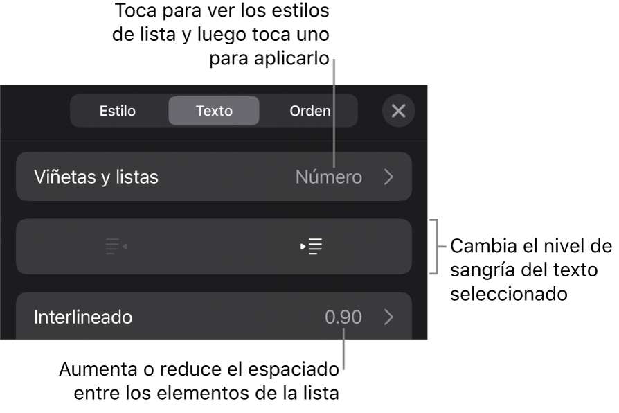 La sección Viñetas y listas de los controles de formato con texto que señala la sección Viñetas y listas, los botones de las sangría derecha o izquierda y controles de interlineado.