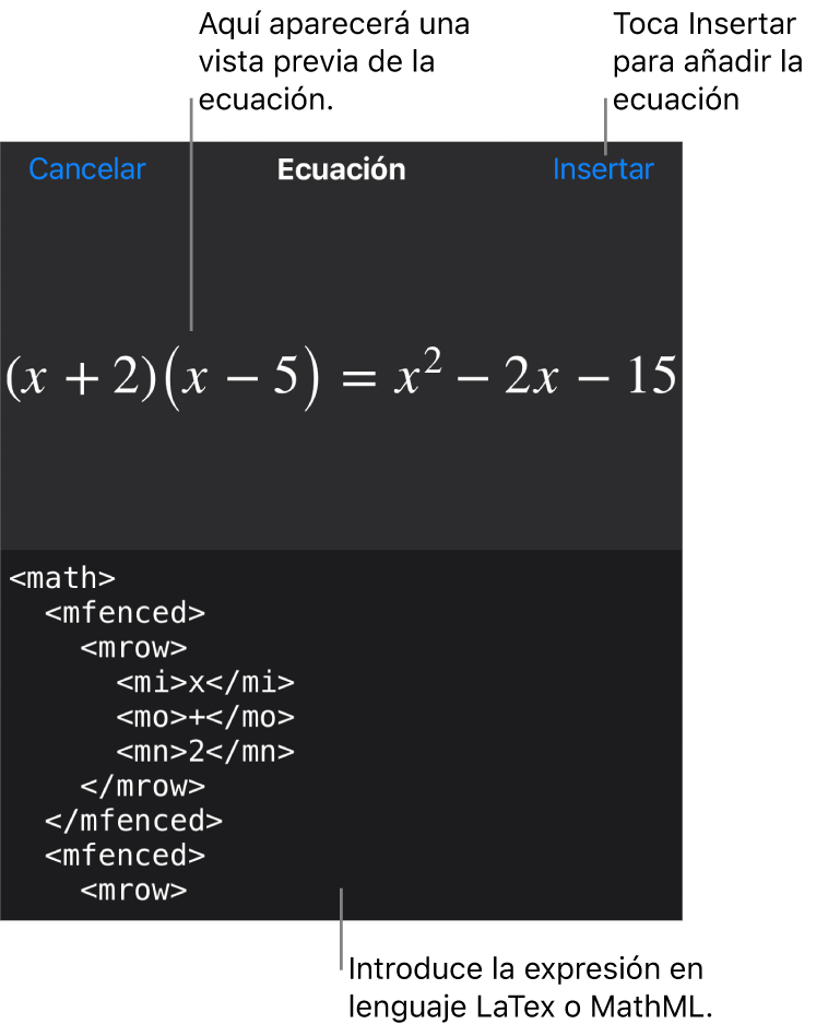 El diálogo Ecuación con una ecuación escrita con comandos de MathML y una previsualización de la fórmula encima.