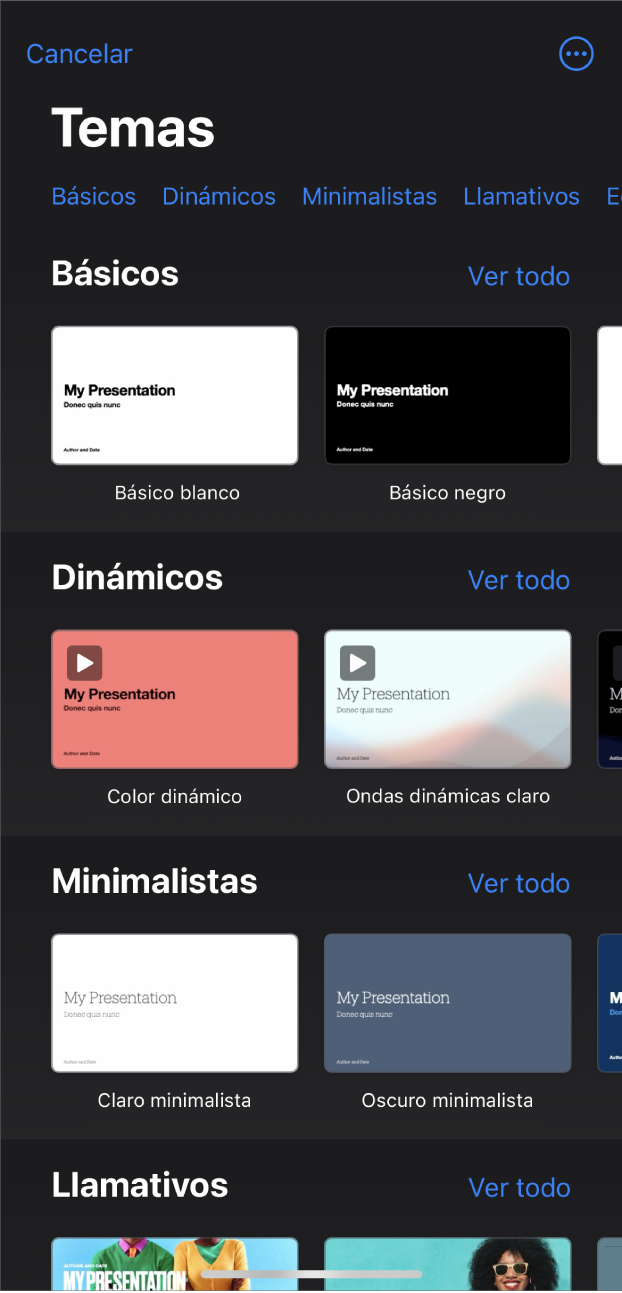 El selector de tema, mostrando una fila de categorías a lo largo de la parte superior que puedes tocar para filtrar las opciones. Debajo hay miniaturas de temas prediseñados organizados en filas por categorías.