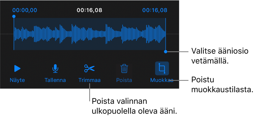 Säätimet tallennetun äänen muokkaamiseen. Kahvat osoittavat äänitysosion. Alla on painikkeet esikuuntelulle, tallentamiselle, trimmaamiselle, poistamiselle ja muokkaustilalle.