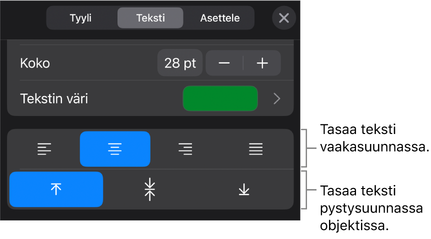 Muoto-painikkeen Tasaus-osio, jossa on selitteitä tekstin tasauspainikkeille.