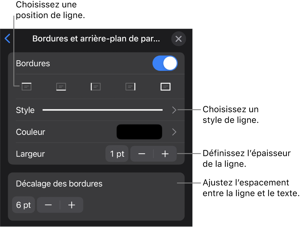 Commandes permettant de modifier le style, l’épaisseur, la position et la couleur de la ligne.