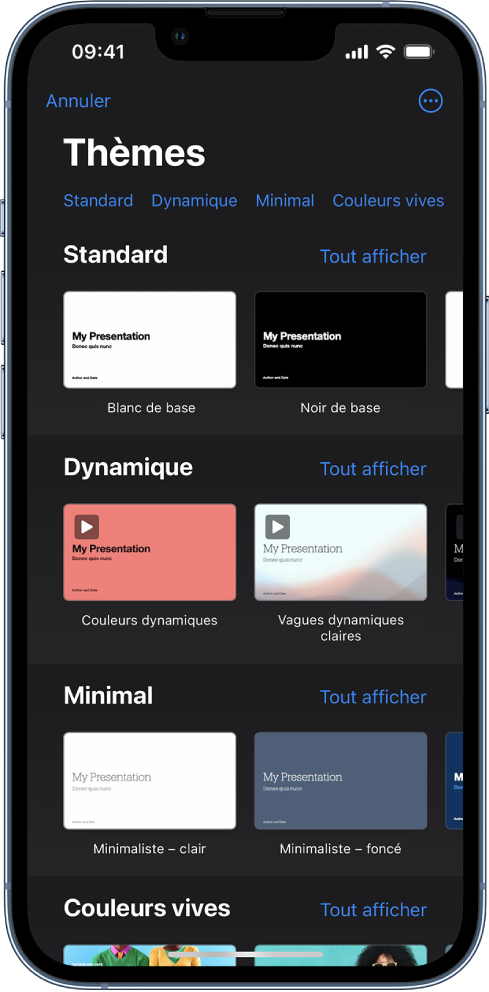 Le sélecteur de thèmes affiche en haut une rangée de catégories que vous pouvez toucher pour filtrer les options. En dessous se trouvent des vignettes de thèmes prédéfinis disposées en rangées par catégorie.