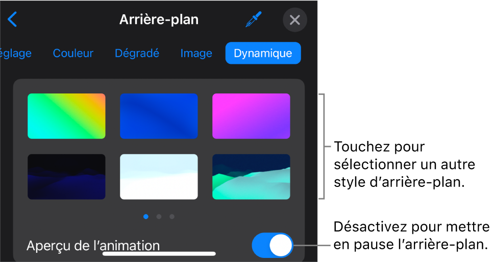 Les commandes de l’arrière-plan dynamique accompagnées des vignettes de styles d’arrière-plans et le bouton Aperçu sont affichés.