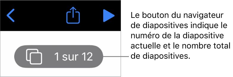 Le bouton du navigateur de diapositives présentant le numéro de la diapositive active et le nombre total de diapositives dans la présentation.