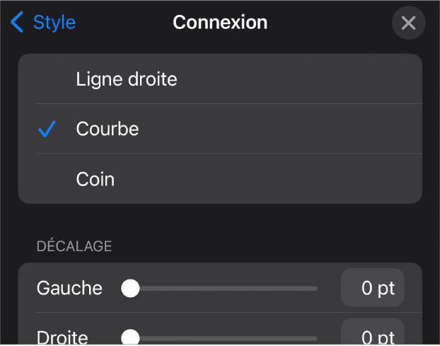 Les commandes Connexion avec l’option Courbe sélectionnée.