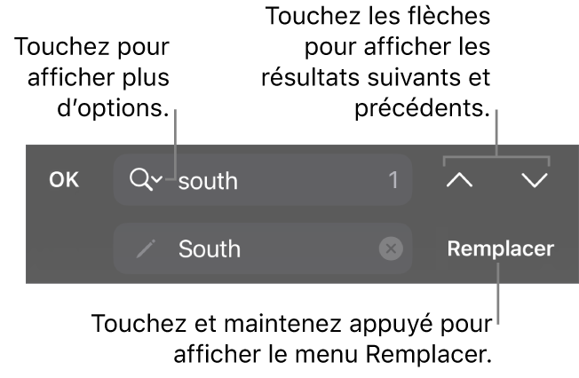 Les commandes « Rechercher et remplacer » au-dessus du clavier avec les boutons Remplacer, Monter et Descendre, et une flèche pointant vers « Options de recherche ».