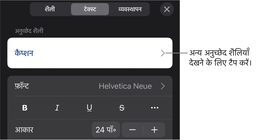 “फ़ॉर्मैट करें” मेनू में अनुच्छेद और वर्ण शैलियाँ, फ़ॉन्ट, आकार और रंग सेट करने के लिए टेक्स्ट नियंत्रण दिखाए जा रहे हैं।