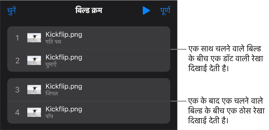 बिल्ड क्रम मेनू और साथ-साथ चलने वाले बिल्ड के बीच डॉट वाली रेखा और एक के बाद एक चलने वाले बिल्ड के बीच ठोस रेखा।