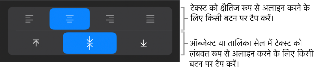 टेक्स्ट के लिए क्षैतिज और लंबवत अलाइनमेंट बटन।