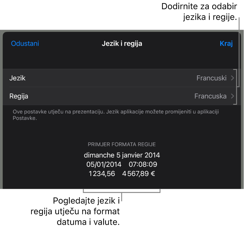 Prozor Jezik i regija s kontrolama za jezik i regiju te primjer formatiranja uključujući datum, vrijeme, decimalu i valutu.