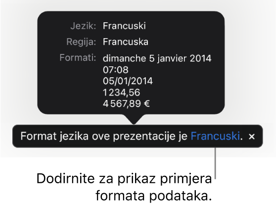 Obavijest o postavci drugog jezika i regije, pokazuje primjere formatiranja na tom jeziku i u toj regiji.