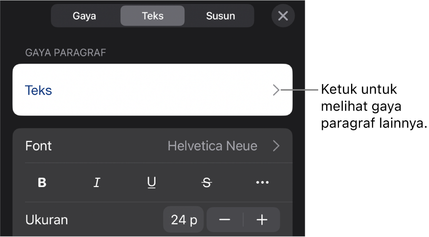 Menu Format menampilkan kontrol teks untuk mengatur paragraf dan gaya karakter, font, ukuran, dan warna.