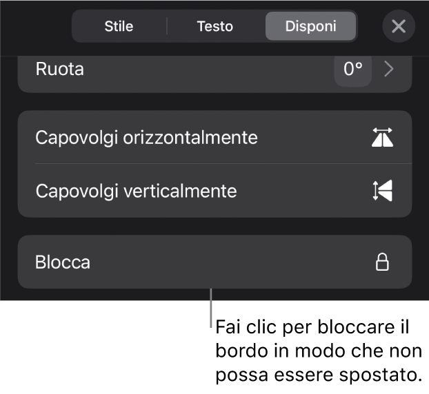 I controlli Disposizione nel menu Formato con il pulsante Blocca visibile.