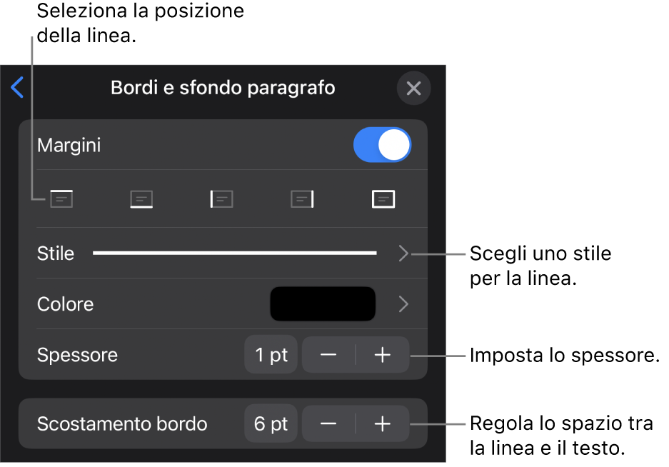 Controlli per modificare lo stile, lo spessore, la posizione e il colore della linea.
