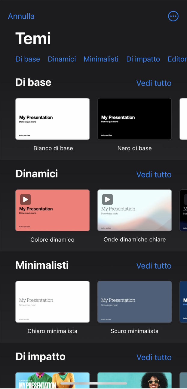 “Scelta temi”, in cui è visibile una riga di categorie nella parte superiore dello schermo che puoi toccare per filtrare le opzioni. Sotto si trovano le miniature di temi predefiniti organizzati in righe per categoria.