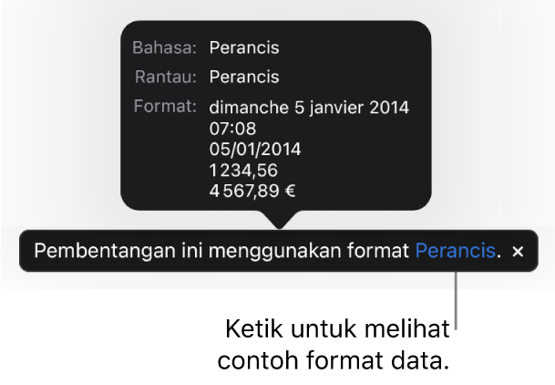 Pemberitahuan seting bahasa dan rantau berbeza, menunjukkan contoh format dalam bahasa dan rantau itu.