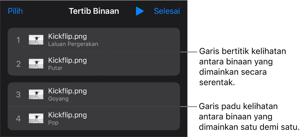 Menu Tertib Binaan, dengan garis bertitik kelihatan antara binaan yang dimainkan serentak dan garis padu antara binaan yang dimainkan satu demi satu.