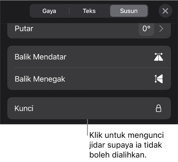 Kawalan Susun dalam menu Format dengan butang Kunci aktif.