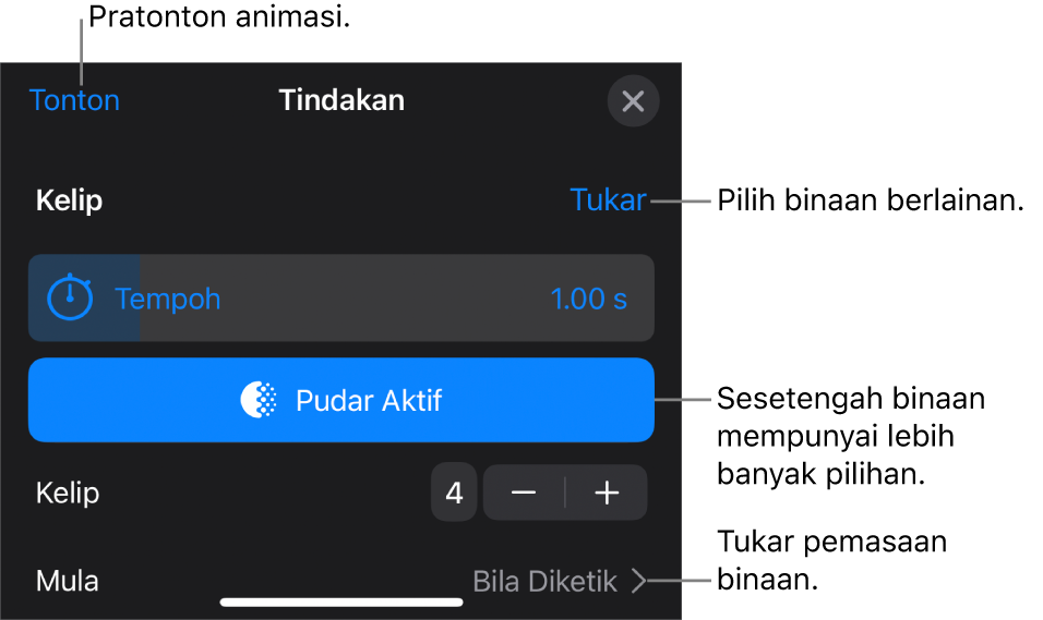 Pilihan binaan menyertakan Tempoh dan Masa mula. Ketik Tukar untuk memilih binaan yang berbeza, atau ketik Pratonton untuk pratonton binaan.