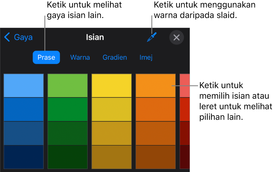 Pilihan Isian dalam tab Gaya.