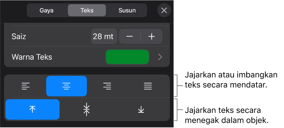 Bahagian Penjajaran pada butang Format dengan petak bual ke butang penjajaran teks.