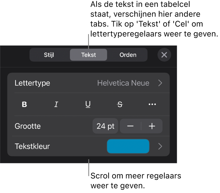 Tekstregelaars in het opmaakmenu voor het instellen van alinea- en tekenstijl, lettertype, lettergrootte en kleur.