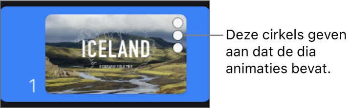 Een dia met drie cirkels in de rechterbovenhoek om aan te geven dat de dia animaties bevat.