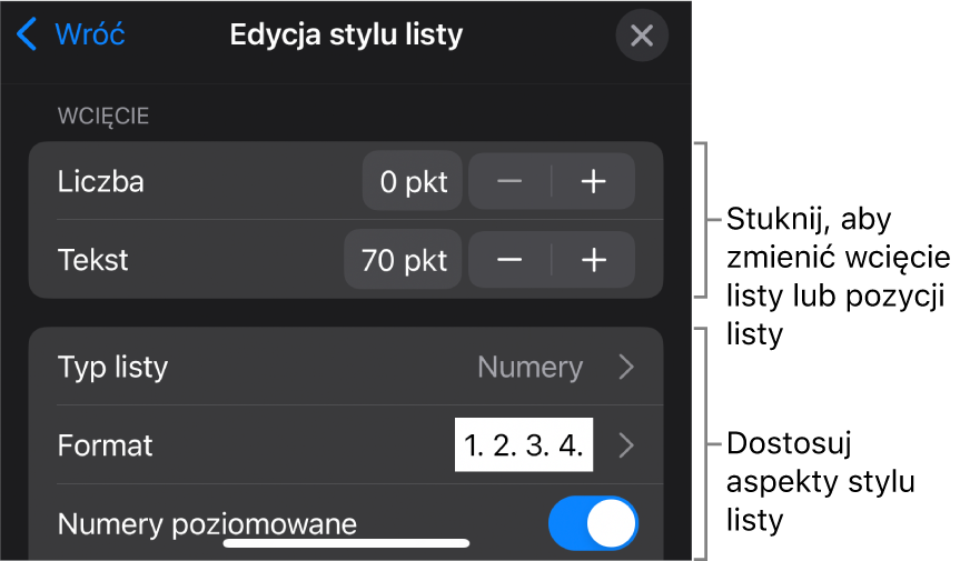 Menu Edycja stylu listy z narzędziami umożliwiającymi edycję typu i wyglądu listy.