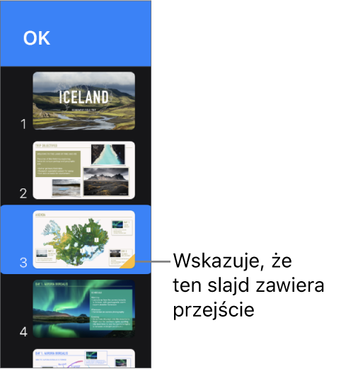 Żółty trójkąt na slajdzie wskazuje, że do slajdu dodane zostało przejście.