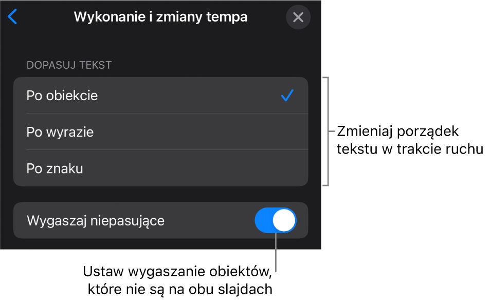 Opcje wykonania oraz zmiany tempa Magicznego przejścia w panelu Zmiany tempa.