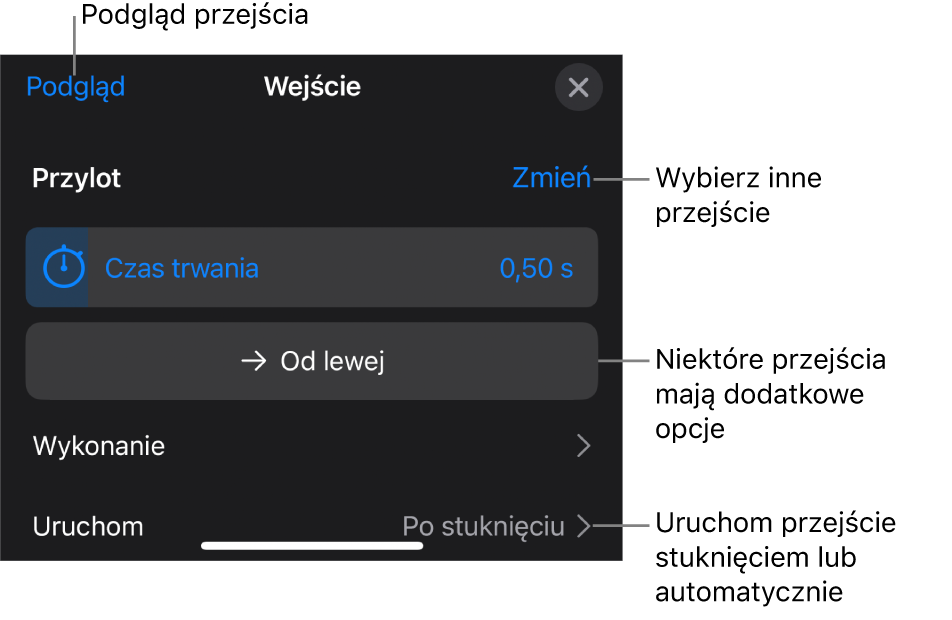 Narzędzia w panelu Opcje służące do modyfikowania przejścia.