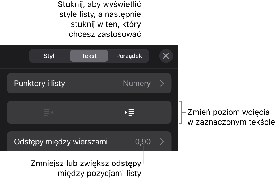 Sekcja Punktory i listy w narzędziach Format. Objaśnienia wskazują przyciski Punktory i listy, Wysunięcie oraz Wcięcie, a także narzędzia odstępów między wierszami.