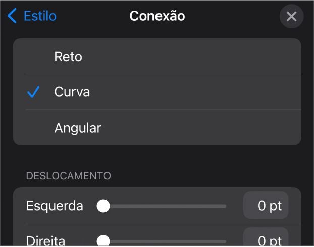 Os controles de Conexão com Curva selecionada.