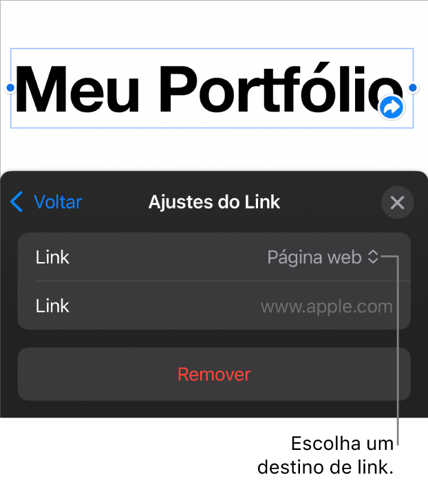 Controles de “Ajustes do Link” com Página Web selecionado e o botão Remover na parte inferior.