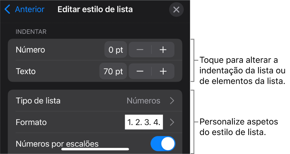 O menu “Editar estilo de lista” com controlos para edição do tipo e aspeto da lista.