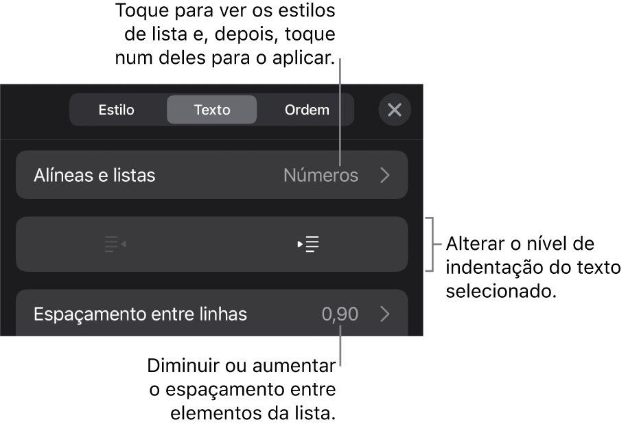 A secção “Marcas e listas” dos controlos de “Formatação” com chamadas para “Marcas e listas”, botões de remover indentação e de indentação e controlos de espaçamento.