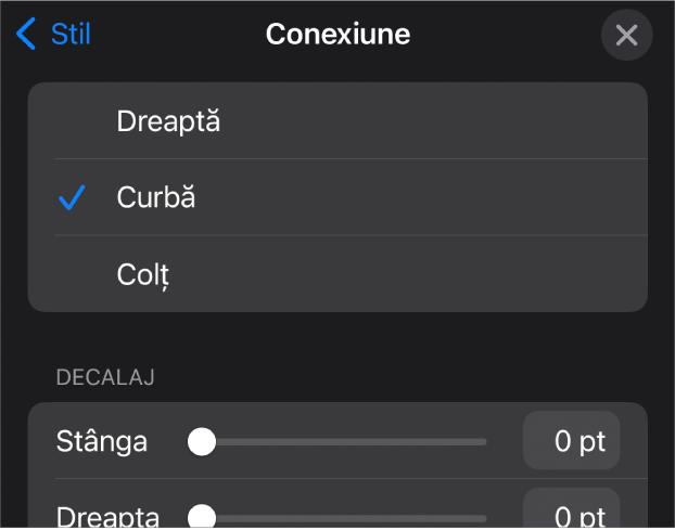 Comenzile Conexiune cu opțiunea Curbă selectată.