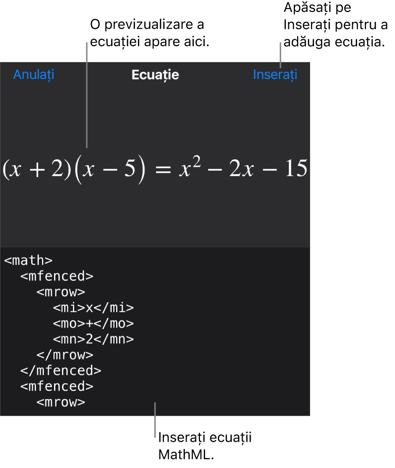 Caseta de dialog Ecuație, afișând o ecuație scrisă cu ajutorul comenzilor MathML și, deasupra, o previzualizare a formulei.