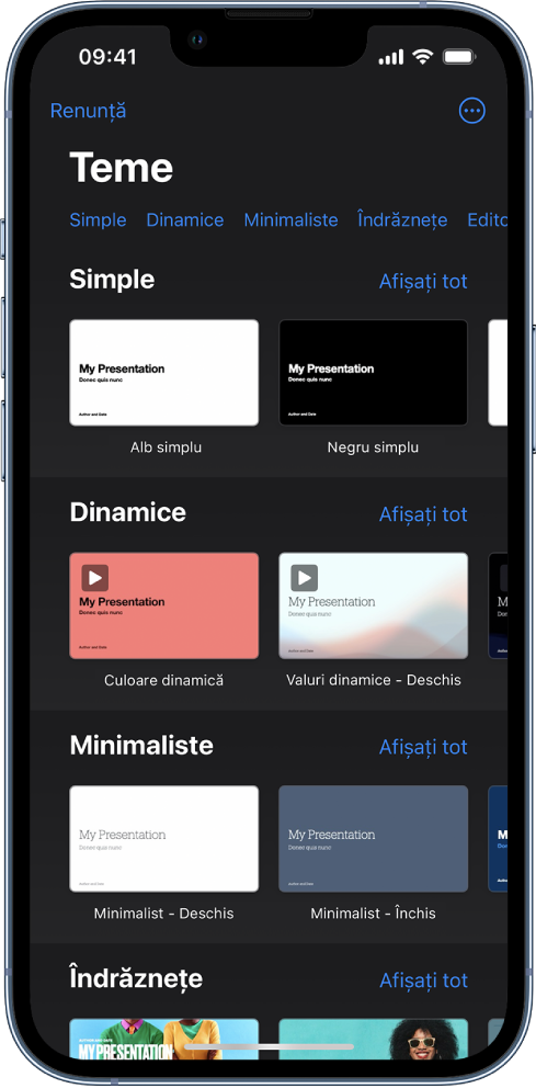 &nbsp;Selectorul de teme afișând un rând de categorii de-a lungul părții de sus, pe care puteți apăsa pentru a filtra opțiunile. Mai jos sunt miniaturile temelor predefinite aranjate pe rânduri după categorie.