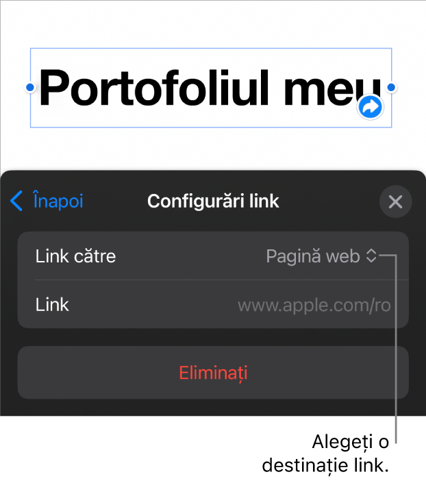 Comenzile Configurări link cu opțiunea Pagină web selectată și butonul Eliminați în partea de jos.