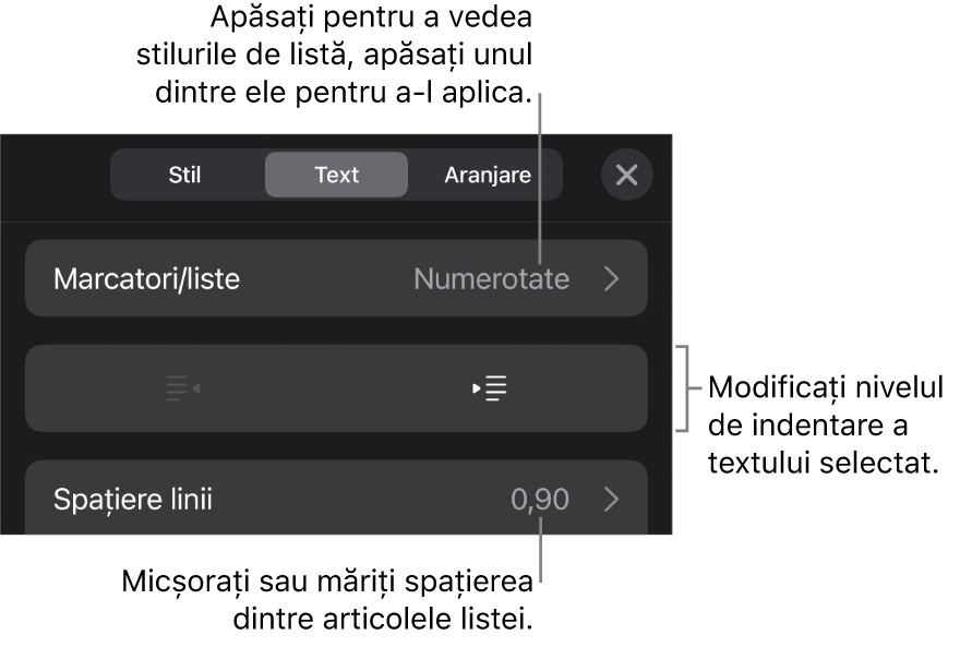 Secțiunea Marcatori/liste din comenzile Format cu explicații pentru Marcatori/liste, butoanele de indentare și indentare exterioară, precum și comenzile pentru spațierea liniilor.