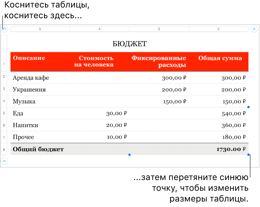 Выбранная таблица с синими точками для изменения размера.